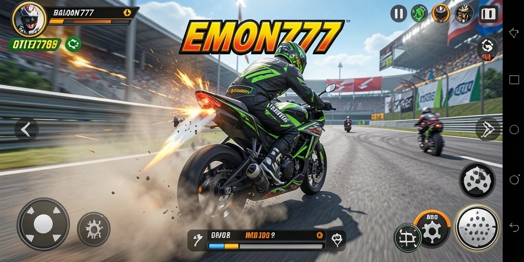Screenshot gameplay EMON777 dengan motor balap yang menakjubkan.