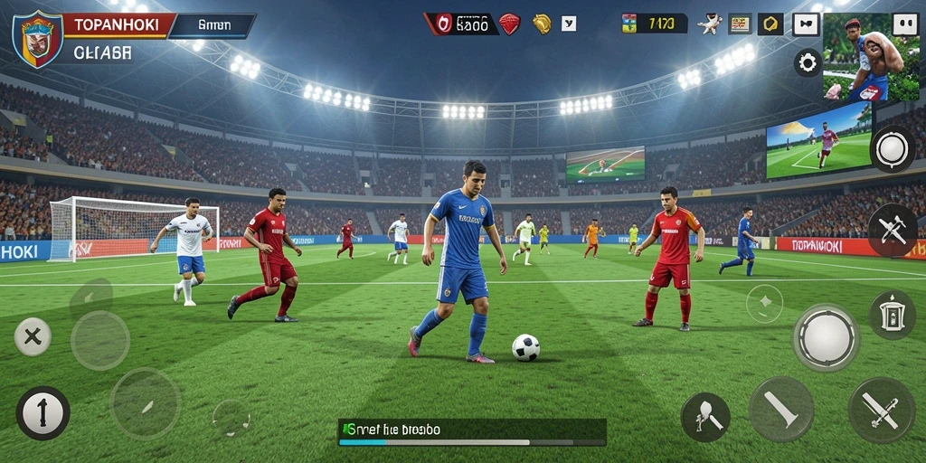 Tangkapan layar gameplay dari TOPANHOKI menunjukkan aksi menarik di lapangan sepak bola.